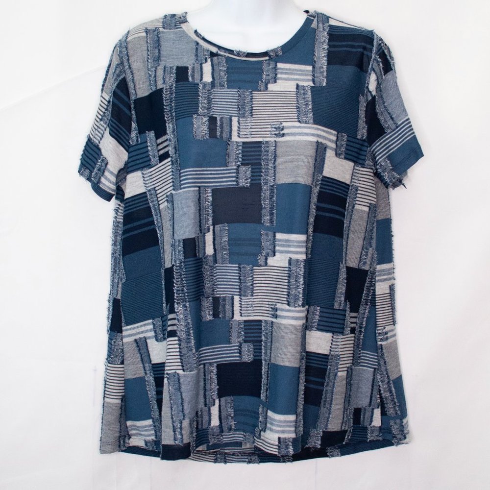 Zara Trafaluc Patchwork Tee Womens Large L Blue Top Short Sleeve Textured 5100X